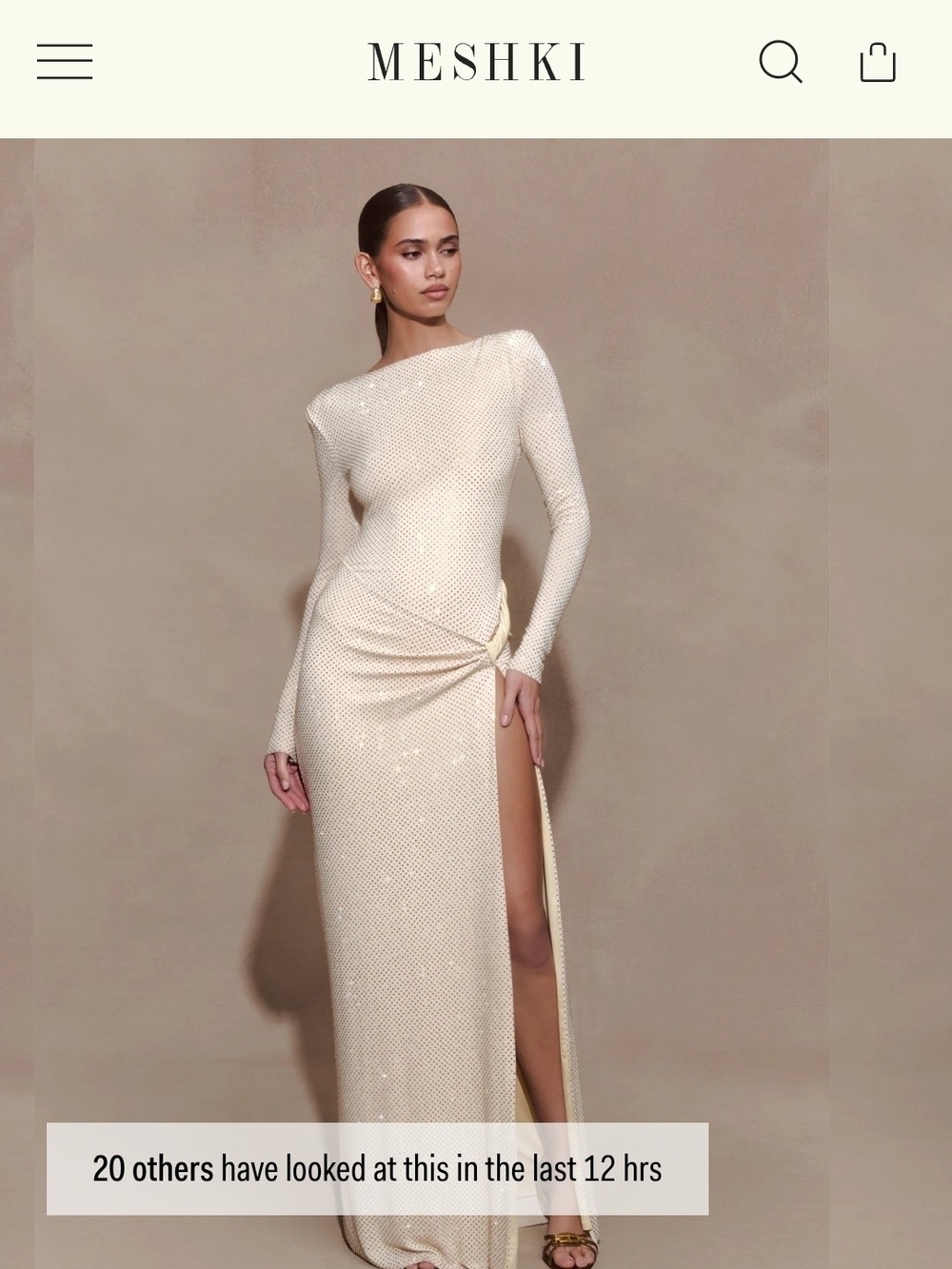 Meshki Cream Long-Sleeve Sequin Gown with Side Slit